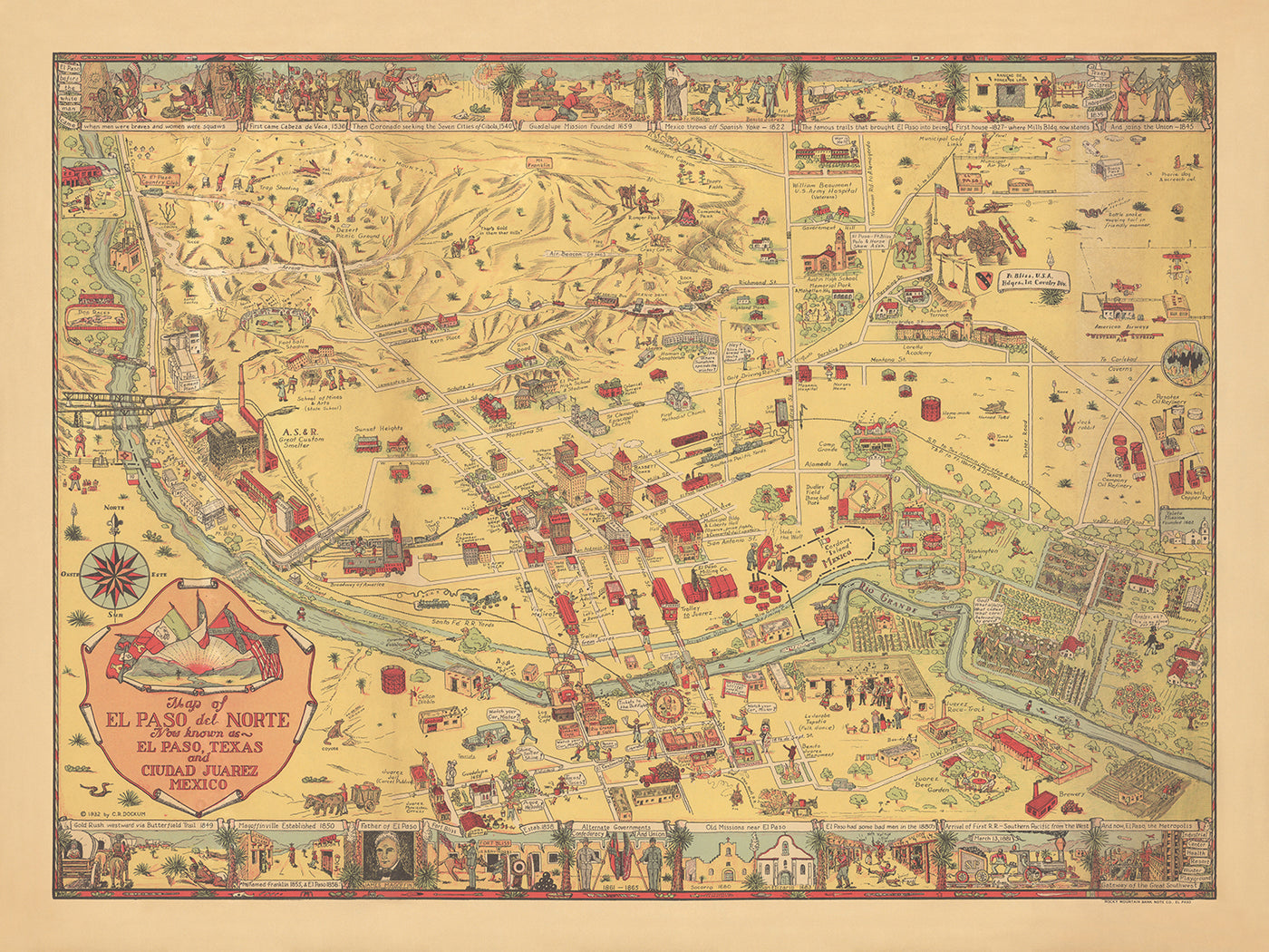 Antigua Mapa Pictórico de El Paso y Juárez por Dockum, 1932: Misión Guadalupe, Camino Real, Fort Bliss, Río Grande, Unión Depot 