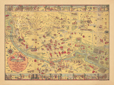 Antigua Mapa Pictórico de El Paso y Juárez por Dockum, 1932: Misión Guadalupe, Camino Real, Fort Bliss, Río Grande, Unión Depot 