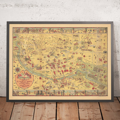 Antigua Mapa Pictórico de El Paso y Juárez por Dockum, 1932: Misión Guadalupe, Camino Real, Fort Bliss, Río Grande, Unión Depot 