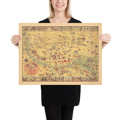 Antigua Mapa Pictórico de El Paso y Juárez por Dockum, 1932: Misión Guadalupe, Camino Real, Fort Bliss, Río Grande, Unión Depot 