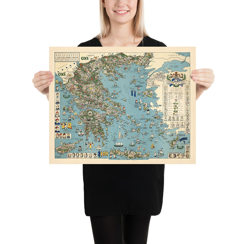 Old Pictorial Map of Ancient & Modern Greece, 1962: Athens, Thessaloniki, Mount Olympus, Greek Civil War