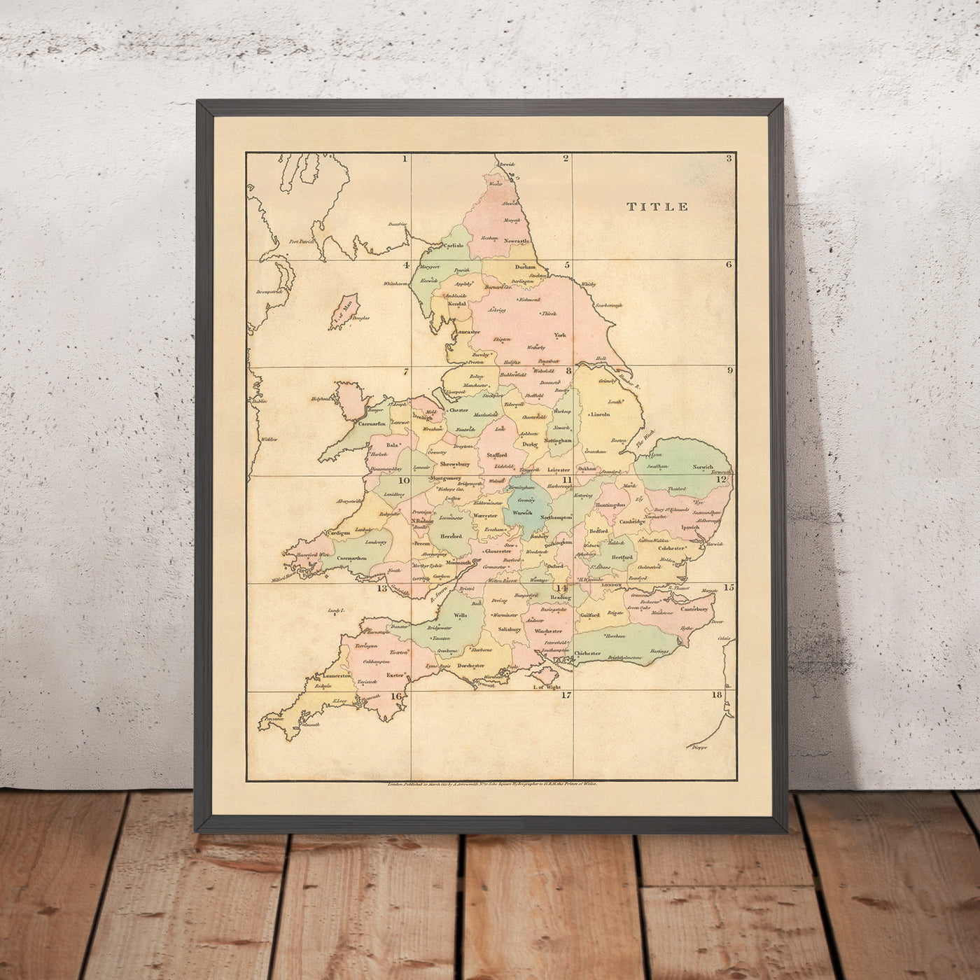 Alte einfache Landkarte von England und Wales von Arrowsmith, 1818: Farblich kodierte Grafschaften und Landkreisstädte 