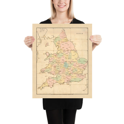 Alte einfache Landkarte von England und Wales von Arrowsmith, 1818: Farblich kodierte Grafschaften und Landkreisstädte 