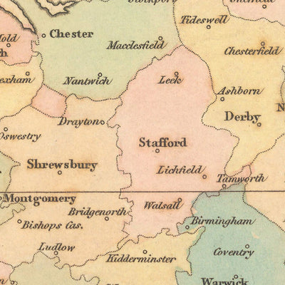 Alte einfache Landkarte von England und Wales von Arrowsmith, 1818: Farblich kodierte Grafschaften und Landkreisstädte 