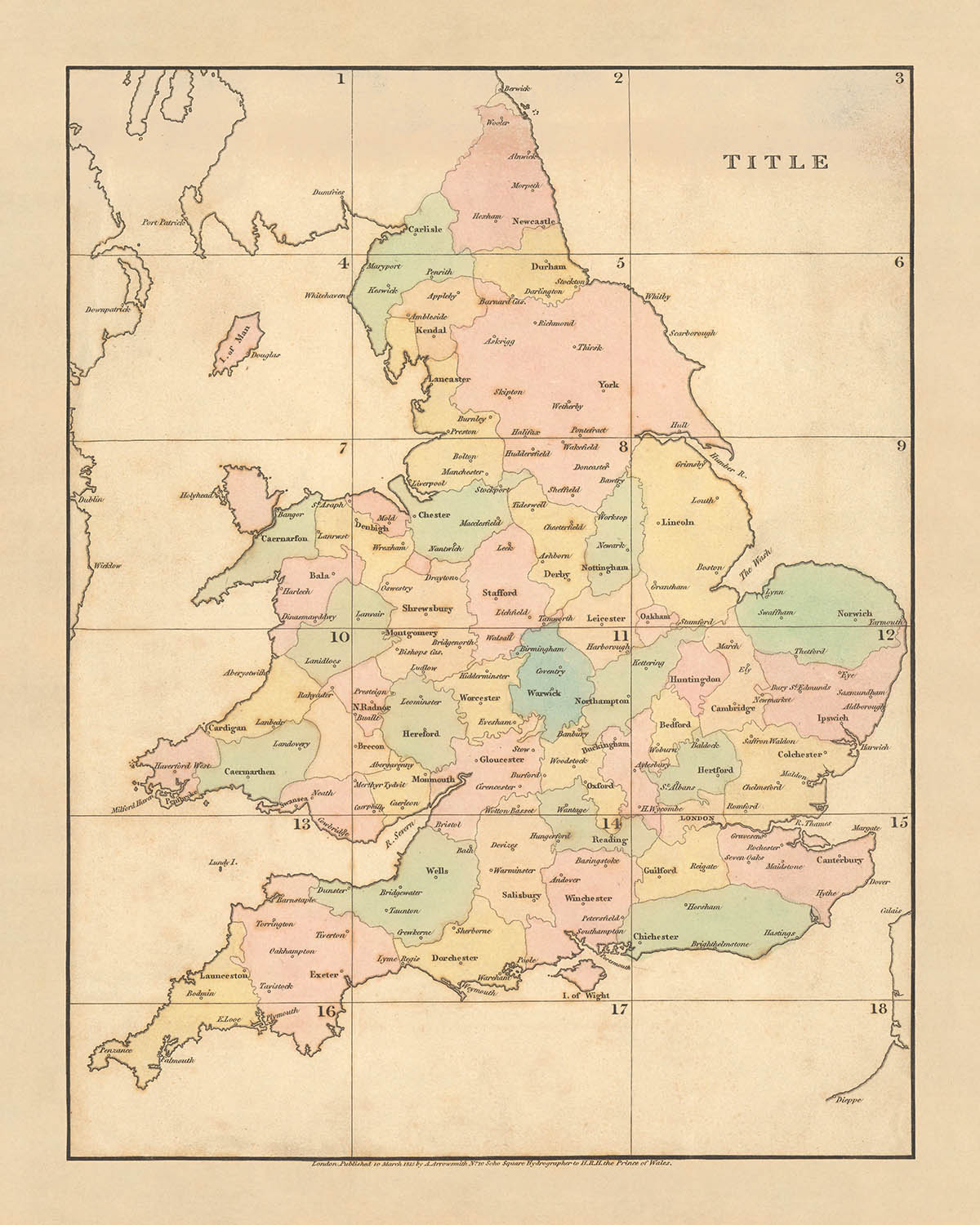 Alte einfache Landkarte von England und Wales von Arrowsmith, 1818: Farblich kodierte Grafschaften und Landkreisstädte 