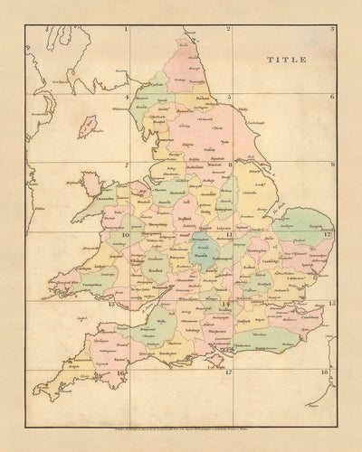 Alte einfache Landkarte von England und Wales von Arrowsmith, 1818: Farblich kodierte Grafschaften und Landkreisstädte 
