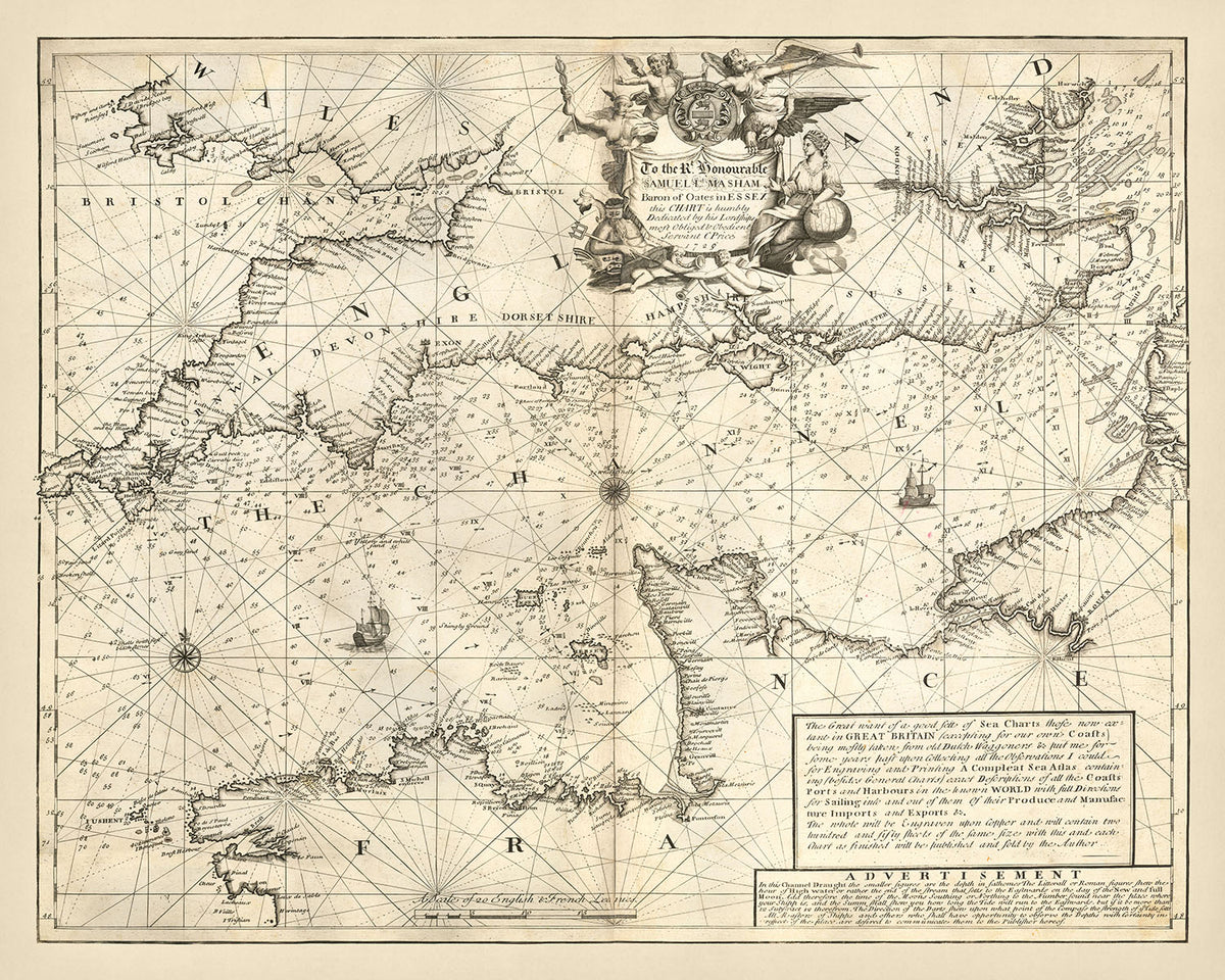 Vecchia carta nautica del Canale della Manica di Price, 1729: La Manche, Londra, Bristol, Cherbourg, Saint-Malo 