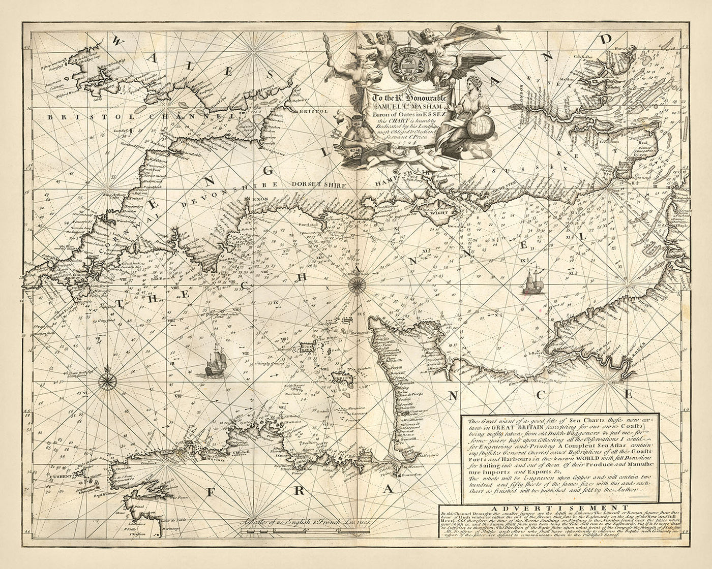 Antigua carta naval del Canal de la Mancha por Price, 1729: La Manche, Londres, Bristol, Cherburgo, Saint-Malo 