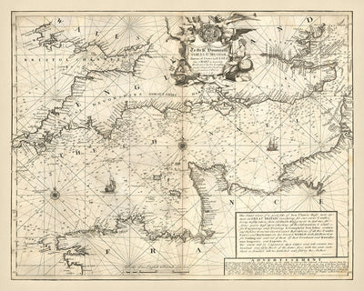 Antigua carta naval del Canal de la Mancha por Price, 1729: La Manche, Londres, Bristol, Cherburgo, Saint-Malo 