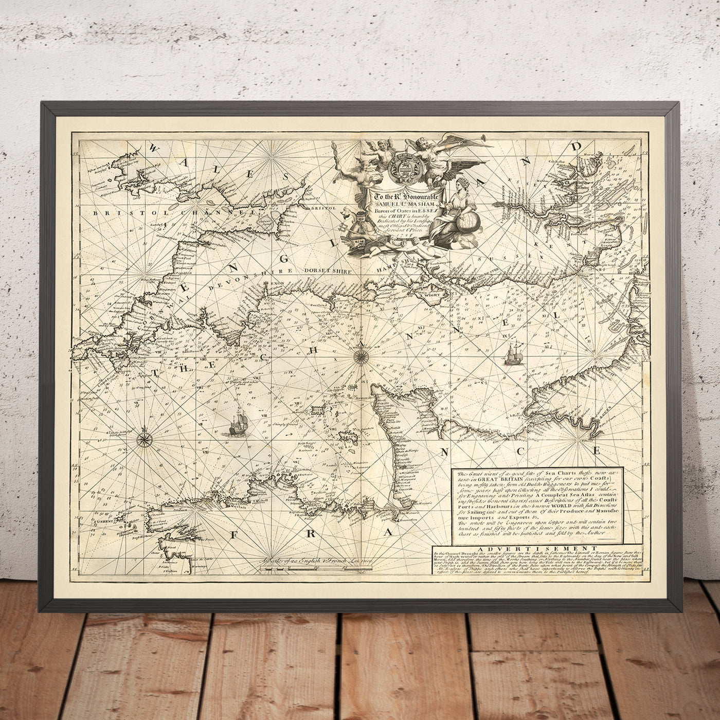 Antigua carta naval del Canal de la Mancha por Price, 1729: La Manche, Londres, Bristol, Cherburgo, Saint-Malo 