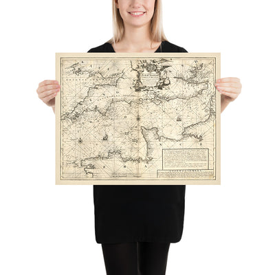 Antigua carta naval del Canal de la Mancha por Price, 1729: La Manche, Londres, Bristol, Cherburgo, Saint-Malo 