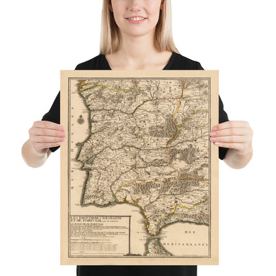Antiguo mapa del Algarve y Gibraltar en 1742 por Nicolas de Fer - Cádiz, Málaga, Sevilla, Marbella, Lisboa, Portugal, España