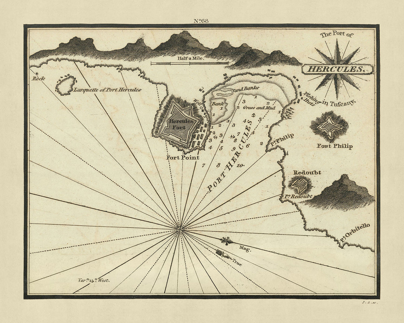 Alter Hafen von Herkules, Italien Nautische Karte von Heather, 1802: Toskana-Küste, Fort Point 