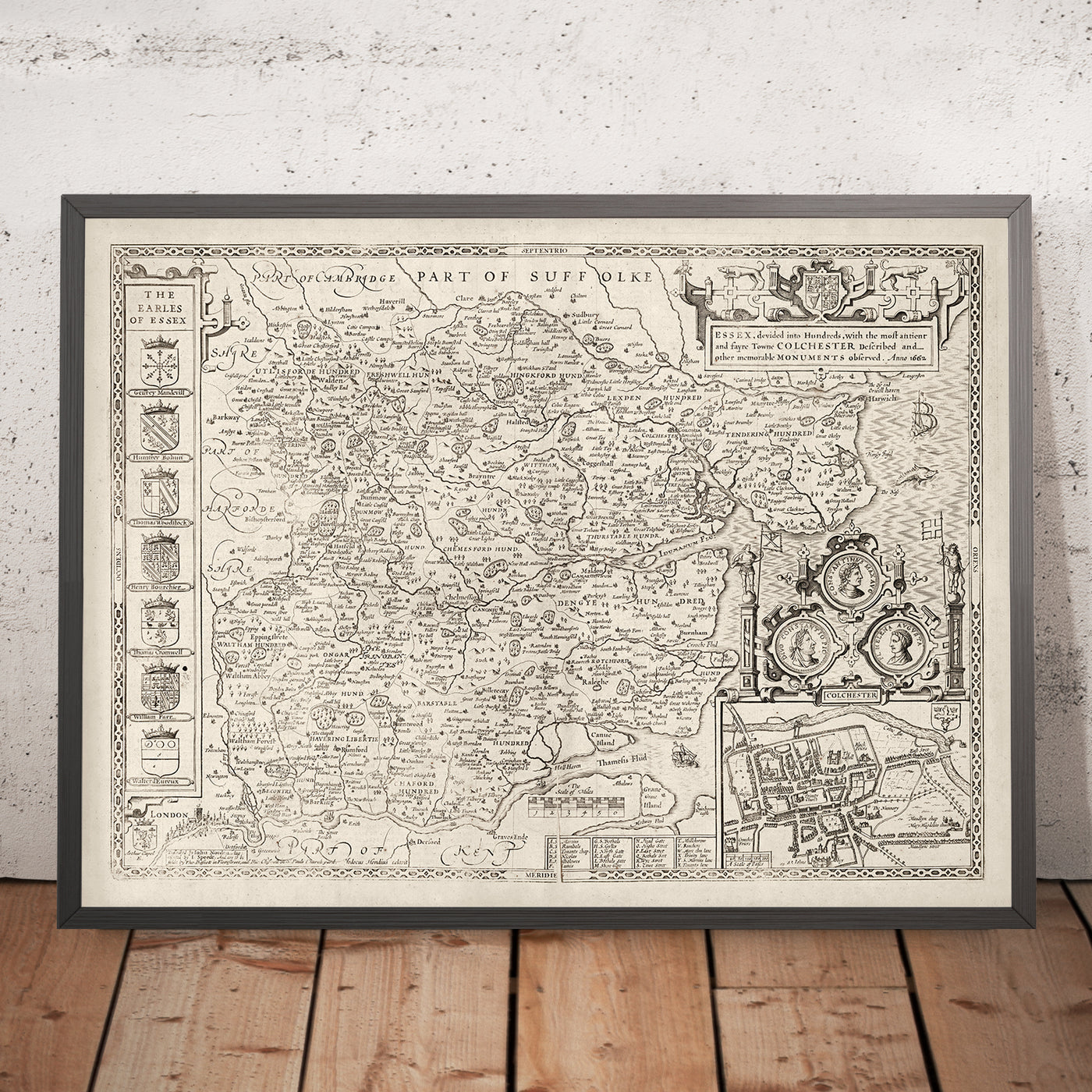 Old Map of Essex in 1611 by John Speed - Southend, Colchester, Chelmsford, Basildon
