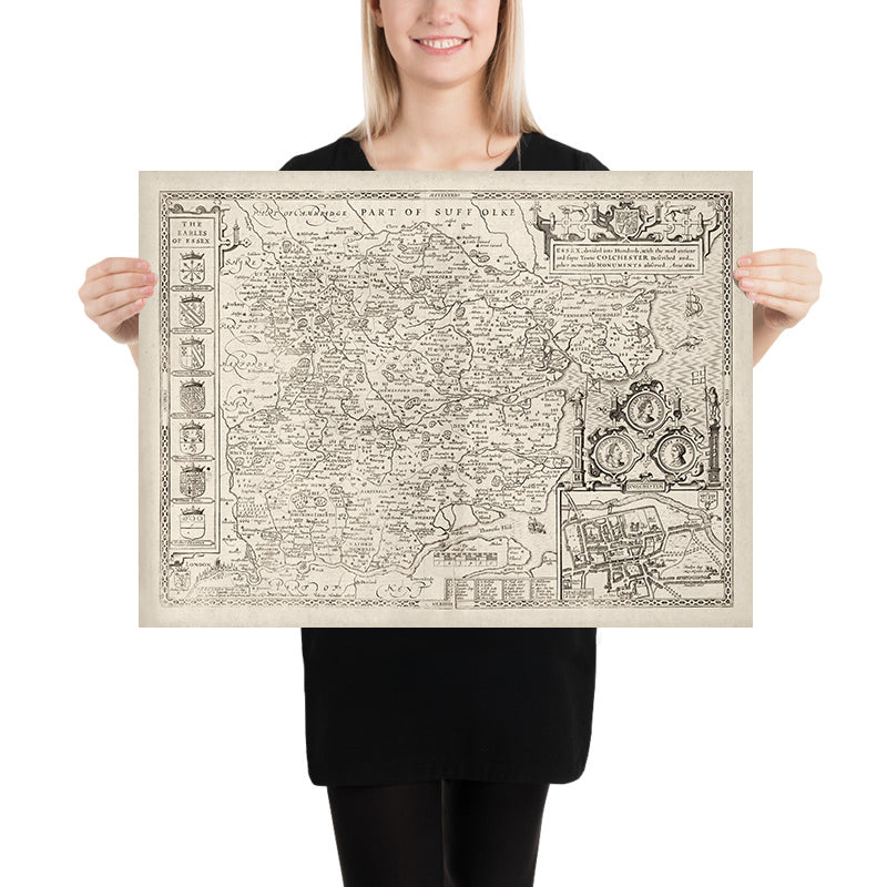 Old Map of Essex in 1611 by John Speed - Southend, Colchester, Chelmsford, Basildon