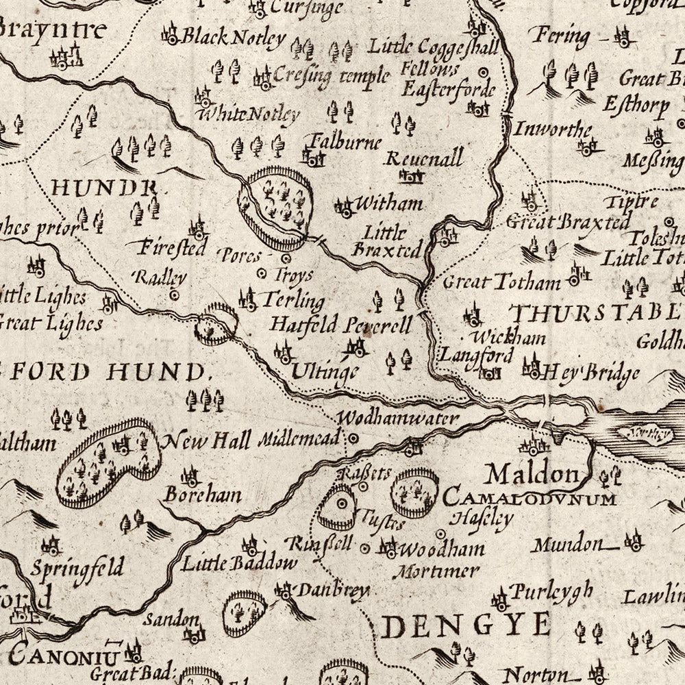 Old Map of Essex in 1611 by John Speed - Southend, Colchester, Chelmsford, Basildon
