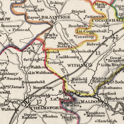 Alte Karte von Essex, 1844 von Samuel Lewis - Great Eastern Railway, ECR, Chelmsford, Colchester 