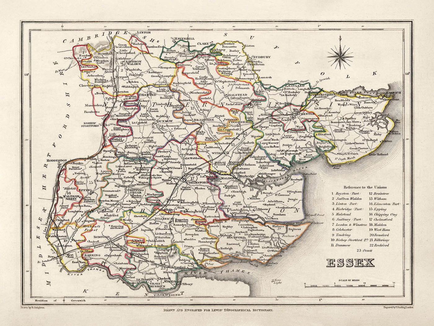 Alte Karte von Essex, 1844 von Samuel Lewis - Great Eastern Railway, ECR, Chelmsford, Colchester 