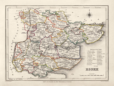 Alte Karte von Essex, 1844 von Samuel Lewis - Great Eastern Railway, ECR, Chelmsford, Colchester 