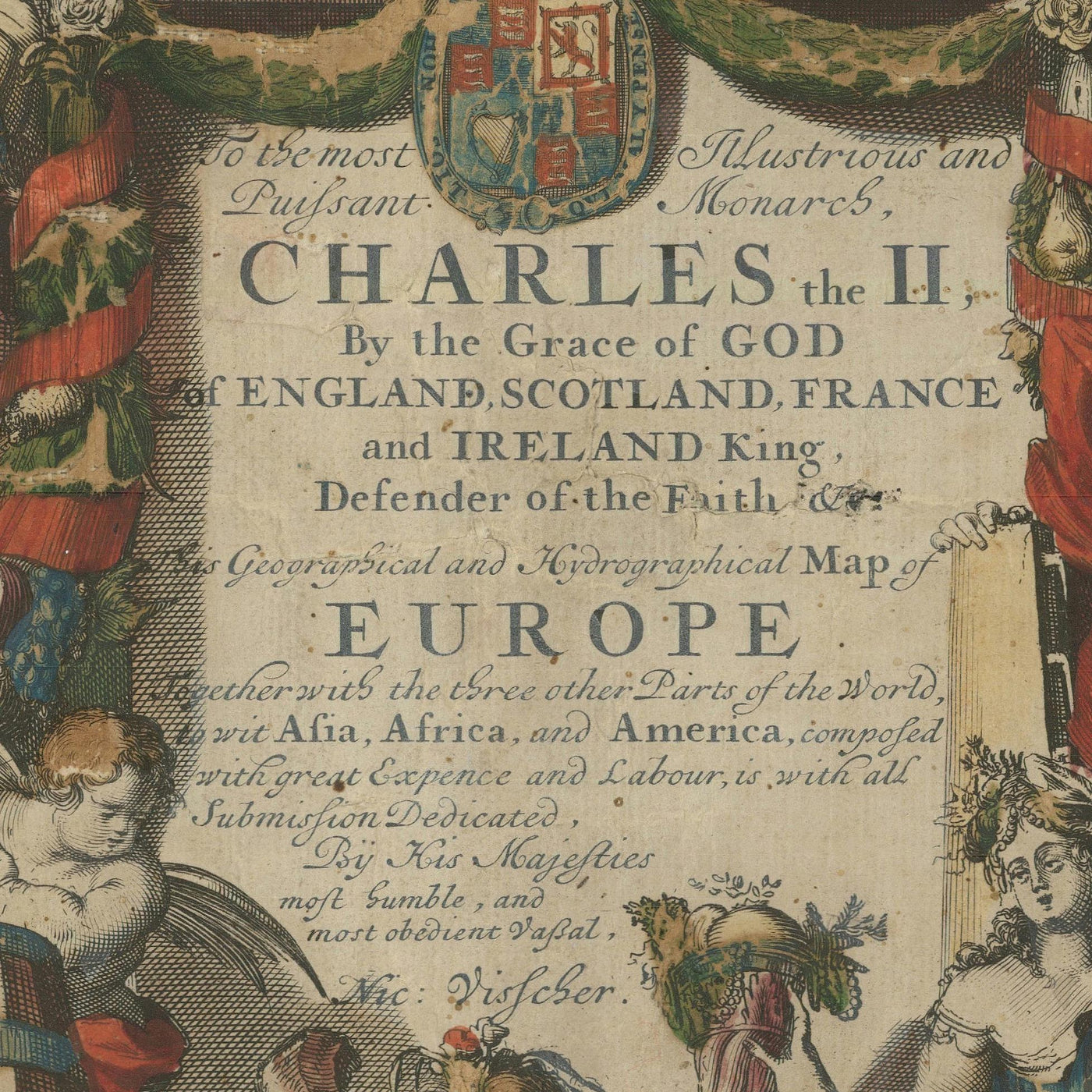 Massive alte Karte von Europa von Visscher, 1677: Dreifache Allianz, Ansichten der Hauptstadt 