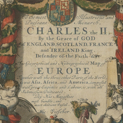 Massive alte Karte von Europa von Visscher, 1677: Dreifache Allianz, Ansichten der Hauptstadt 