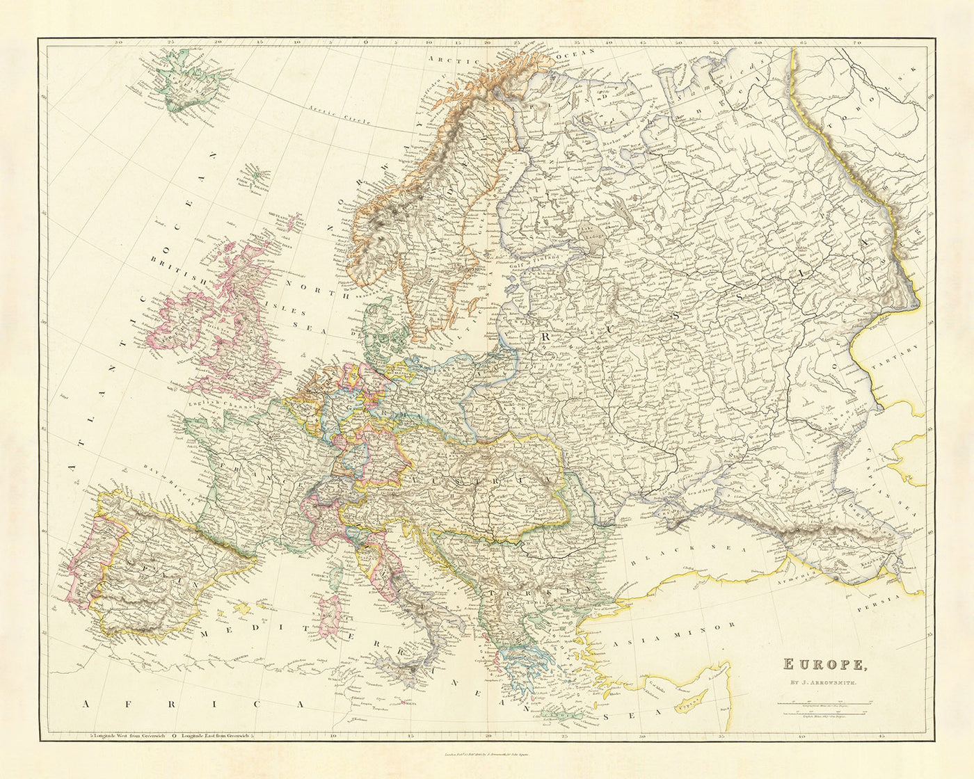 Ancienne carte de l'Europe par Arrowsmith, 1840 : paysage politique du milieu du XIXe siècle 