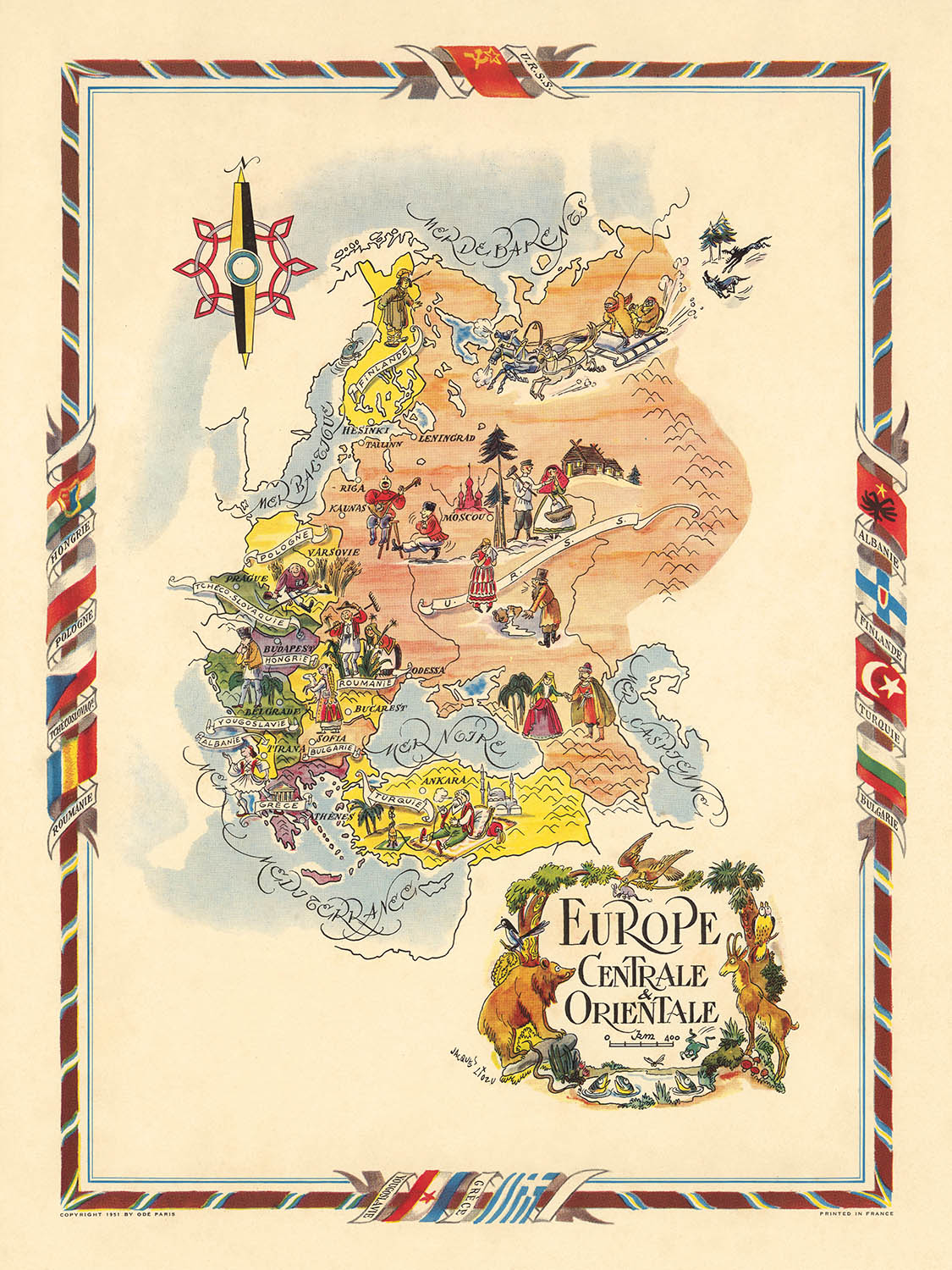 Antigua Mapa Pictórico de Europa Central y Oriental por Liozu, 1951: Post-Segunda Guerra Mundial, URSS, Turquía 