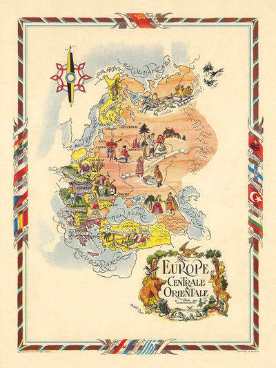 Antigua Mapa Pictórico de Europa Central y Oriental por Liozu, 1951: Post-Segunda Guerra Mundial, URSS, Turquía 
