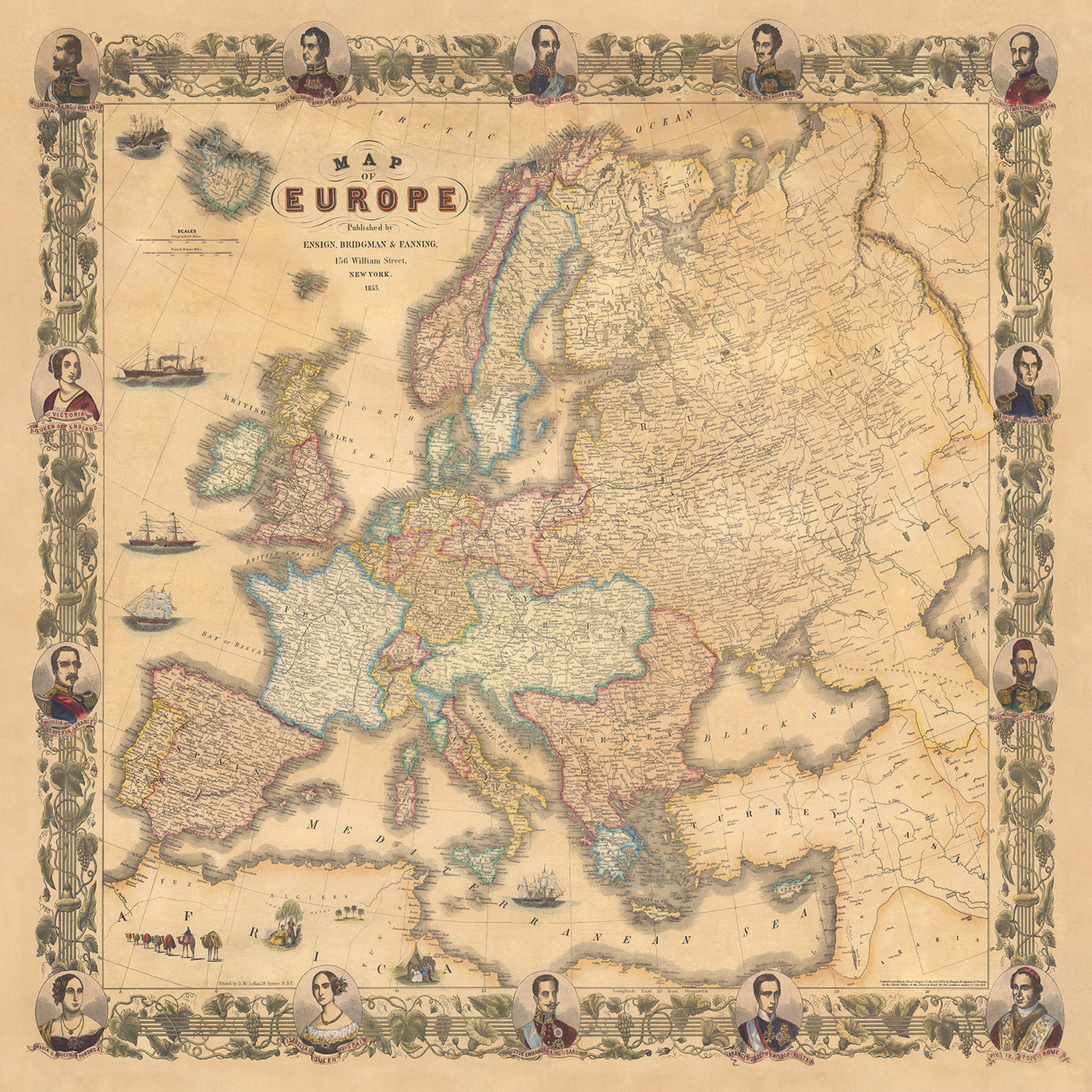 Mapa antiguo raro de Europa por Ensign, Bridgman & Fanning, 1855: Retratos de Victoria, Isabel, Napoleón, etc. 