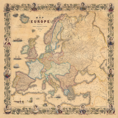 Mapa antiguo raro de Europa por Ensign, Bridgman & Fanning, 1855: Retratos de Victoria, Isabel, Napoleón, etc. 