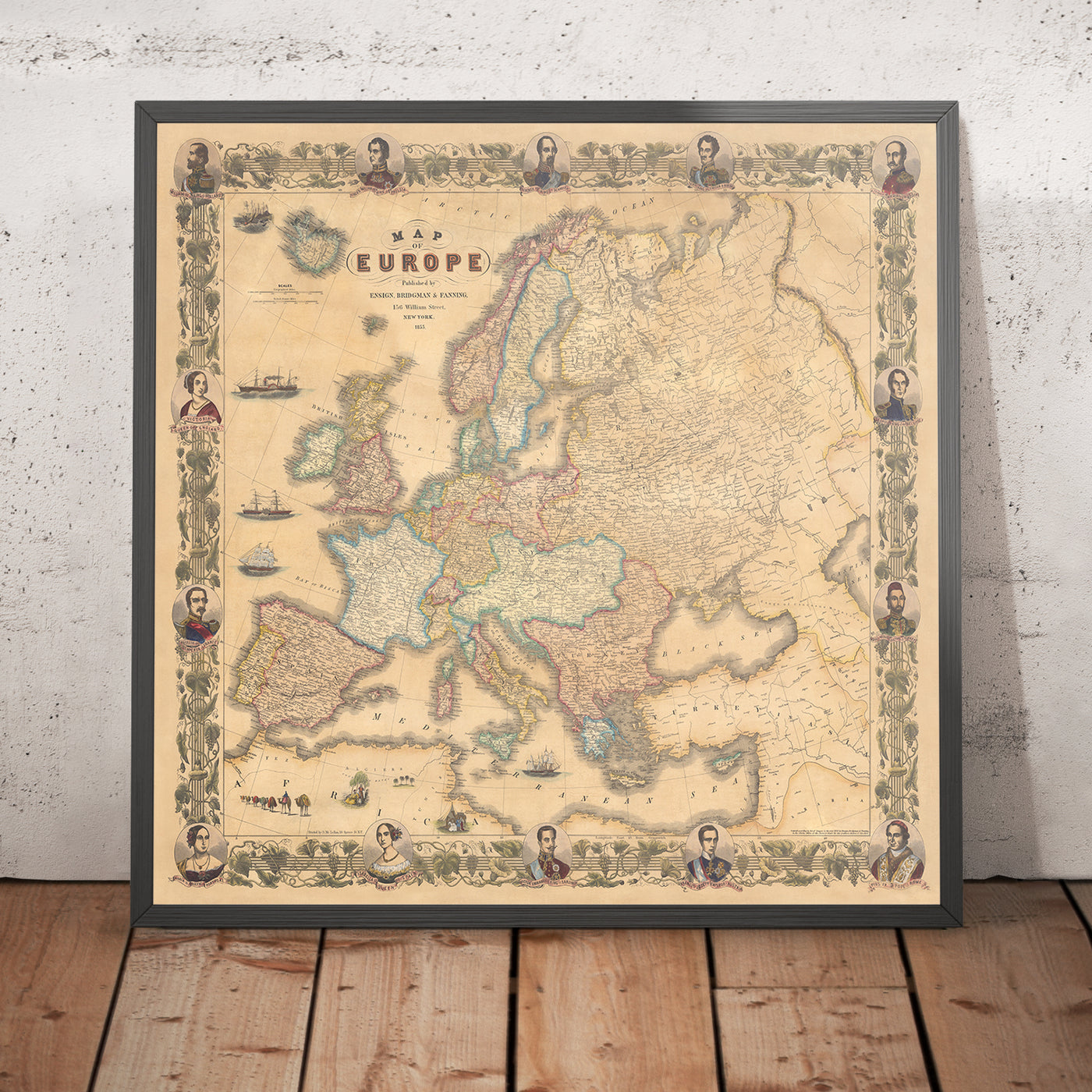 Mapa antiguo raro de Europa por Ensign, Bridgman & Fanning, 1855: Retratos de Victoria, Isabel, Napoleón, etc. 