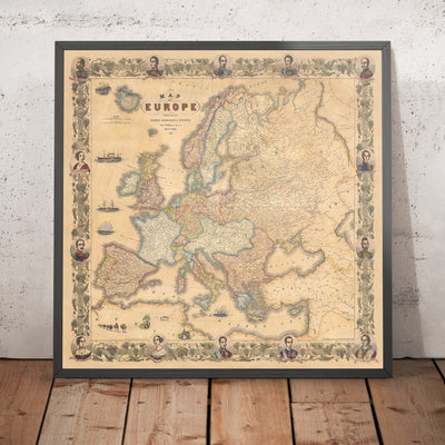 Mapa antiguo raro de Europa por Ensign, Bridgman & Fanning, 1855: Retratos de Victoria, Isabel, Napoleón, etc. 