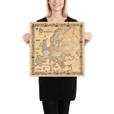 Mapa antiguo raro de Europa por Ensign, Bridgman & Fanning, 1855: Retratos de Victoria, Isabel, Napoleón, etc. 