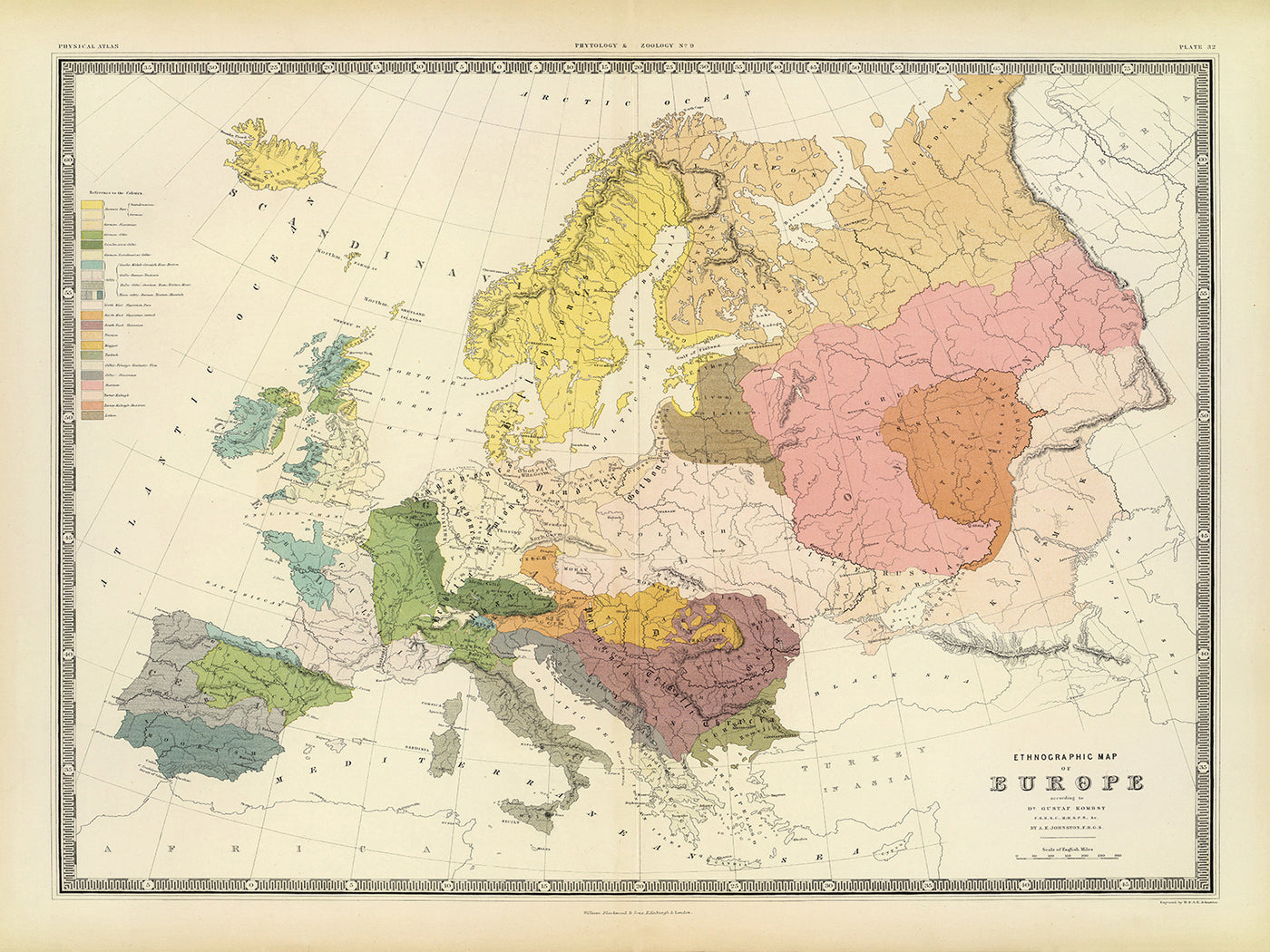 Alte Karte von Europa Ethnographie und alte Stämme von AK Johnston 1856: Kelten, Angelsachsen, Dänen, Deutsche, Slawen, Magyaren, Türken, Griechen und mehr 