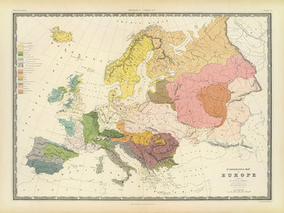 Alte Karte von Europa Ethnographie und alte Stämme von AK Johnston 1856: Kelten, Angelsachsen, Dänen, Deutsche, Slawen, Magyaren, Türken, Griechen und mehr 