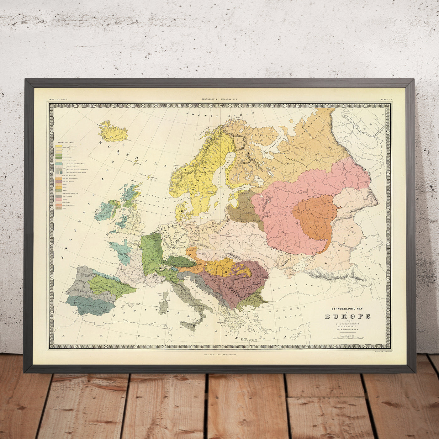 Alte Karte von Europa Ethnographie und alte Stämme von AK Johnston 1856: Kelten, Angelsachsen, Dänen, Deutsche, Slawen, Magyaren, Türken, Griechen und mehr 