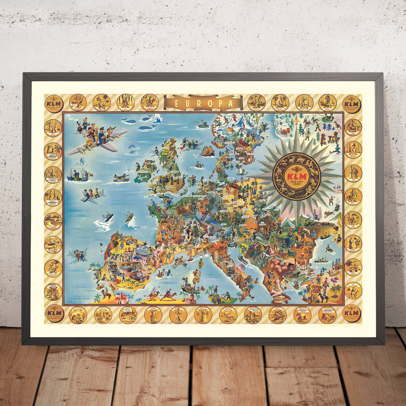 Alte Karte von Europa von KLM, 1967: Verspielt Illustrationen, Kulturelle Highlights, Flugzeuge 