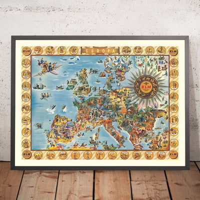 Alte Karte von Europa von KLM, 1967: Verspielt Illustrationen, Kulturelle Highlights, Flugzeuge 