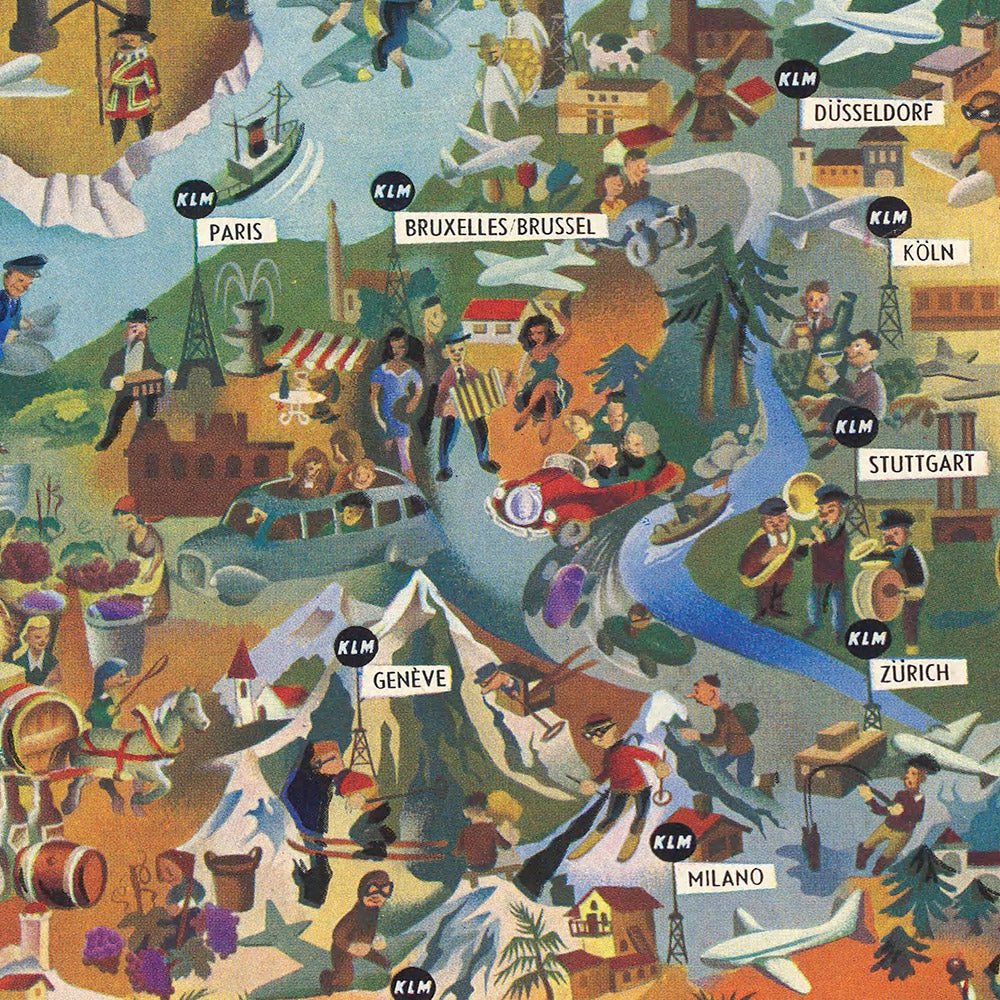 Alte Karte von Europa von KLM, 1967: Verspielt Illustrationen, Kulturelle Highlights, Flugzeuge 