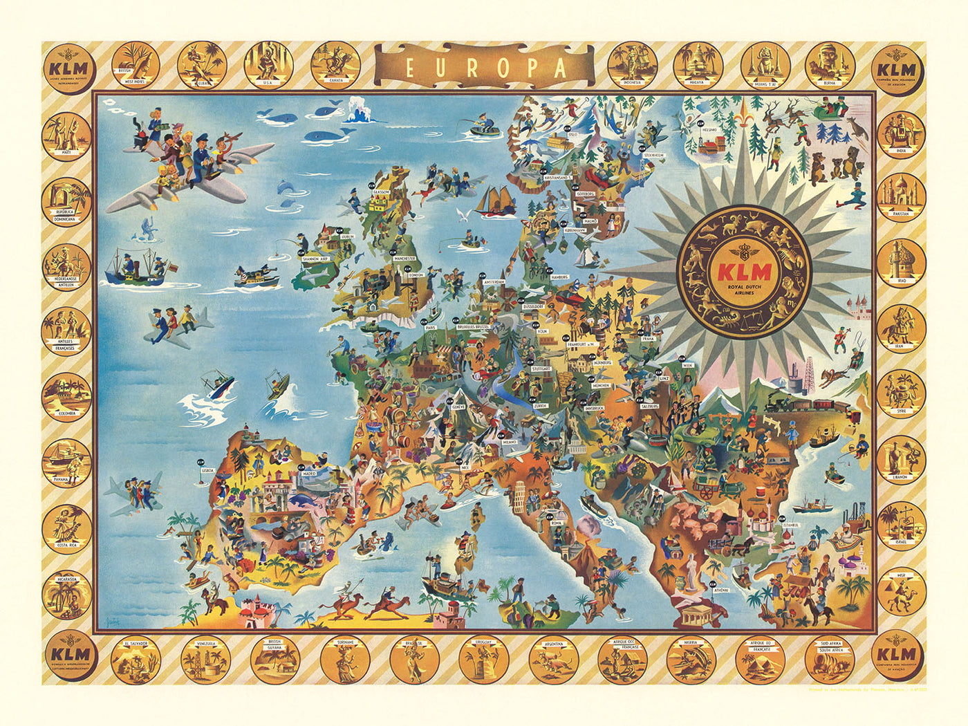 Alte Karte von Europa von KLM, 1967: Verspielt Illustrationen, Kulturelle Highlights, Flugzeuge 