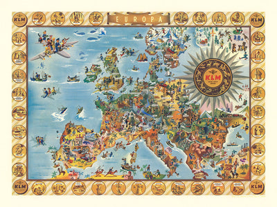Alte Karte von Europa von KLM, 1967: Verspielt Illustrationen, Kulturelle Highlights, Flugzeuge 