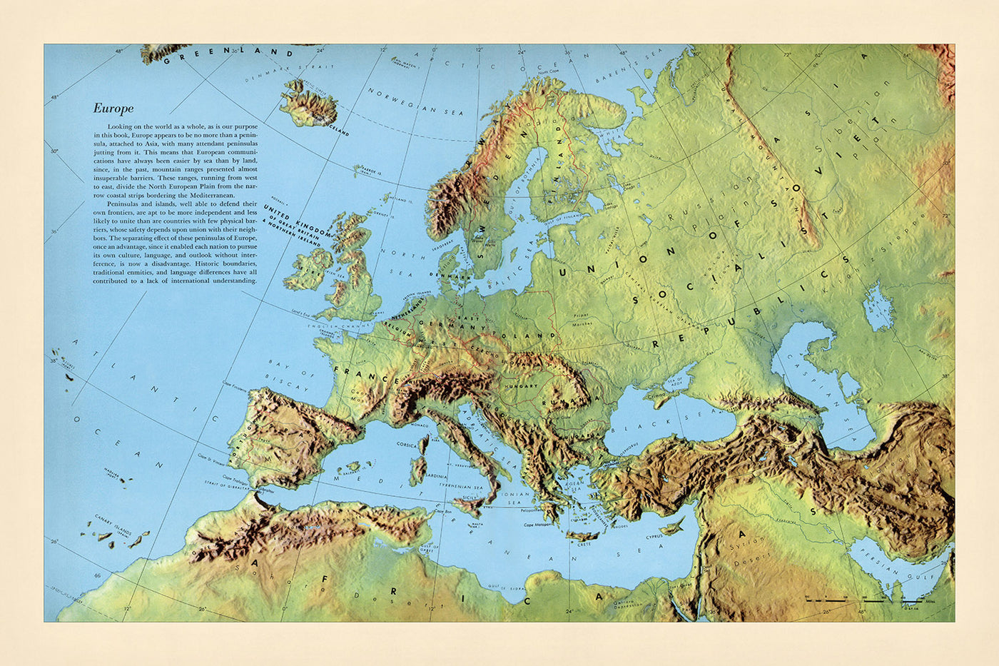 Alte Schattenerleichterungskarte von Europa von Debenham, 1958: Detaillierte physische Karte, politische Grenzen, Gebirgszüge 