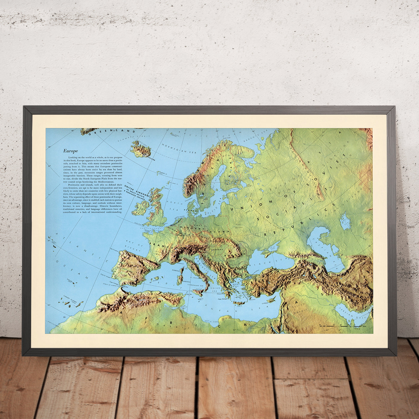 Alte Schattenerleichterungskarte von Europa von Debenham, 1958: Detaillierte physische Karte, politische Grenzen, Gebirgszüge 