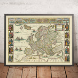 Ancienne carte de l'Europe par Willem Blaeu, 1630 : chef-d'œuvre néerlandais, illustrations culturelles, éléments mythiques 