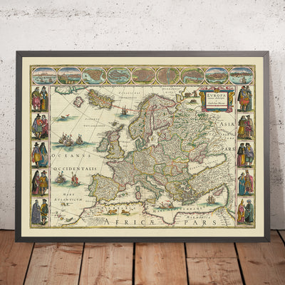Antigua Mapa de Europa por Willem Blaeu, 1630: Obra Maestra Holandesa, Ilustraciones Culturales, Elementos Míticos 