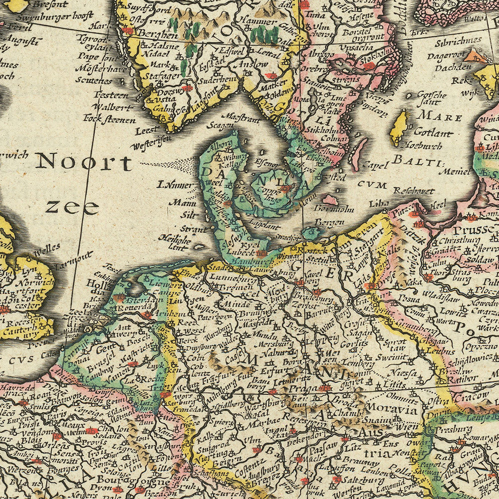 Antigua Mapa de Europa por Willem Blaeu, 1630: Obra Maestra Holandesa, Ilustraciones Culturales, Elementos Míticos 
