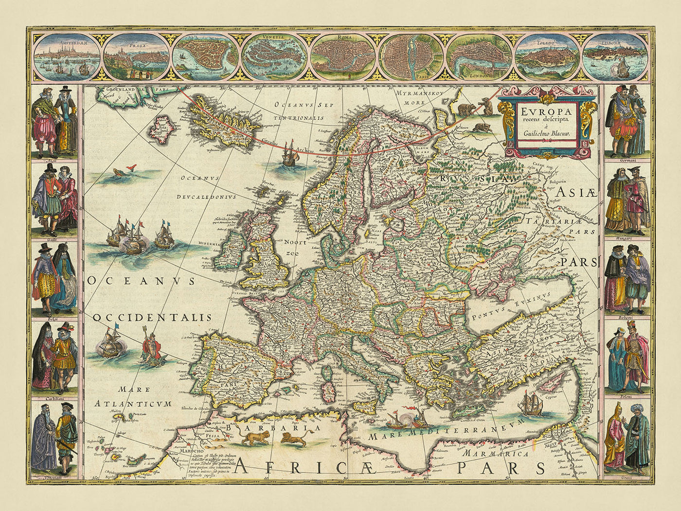 Antigua Mapa de Europa por Willem Blaeu, 1630: Obra Maestra Holandesa, Ilustraciones Culturales, Elementos Míticos 