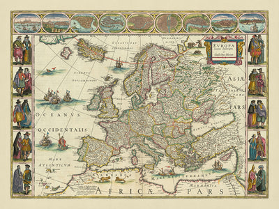 Antigua Mapa de Europa por Willem Blaeu, 1630: Obra Maestra Holandesa, Ilustraciones Culturales, Elementos Míticos 