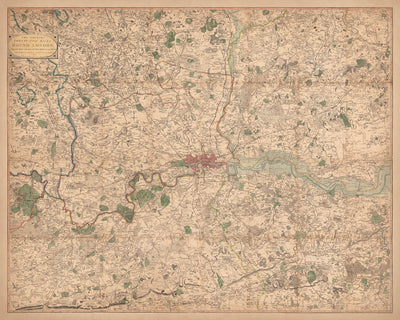 Alte Karte von London und den Vororten (25 Meilen) im Jahr 1790, von W. Faden - Kent, Sussex, Surrey, Essex, Middlesex, Hertfordshire 
