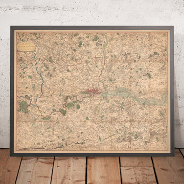 Alte Karte von London und den Vororten (25 Meilen) im Jahr 1790, von W. Faden - Kent, Sussex, Surrey, Essex, Middlesex, Hertfordshire 